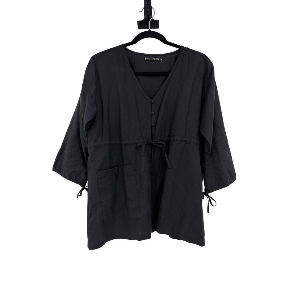 Gudrun Sjöden Womens Linen Blend Top Size M Black 3/4 Sleeve Peplum Lagenlook